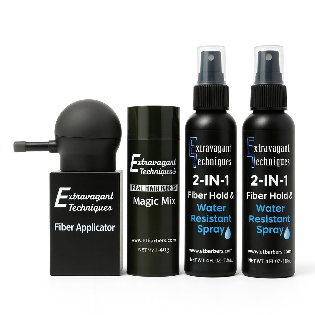 Extravagant Techniques Hairline Master Kit | 40g Fibers + Pump + 2-in-1 Spray | Complete Barber Hair Enhancement System