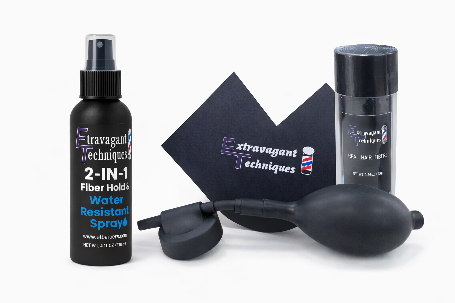 Real Hair Fiber System Combo = Real hair fibers + pump applicator + 2-in-1 fiber hold spray + enhancement card