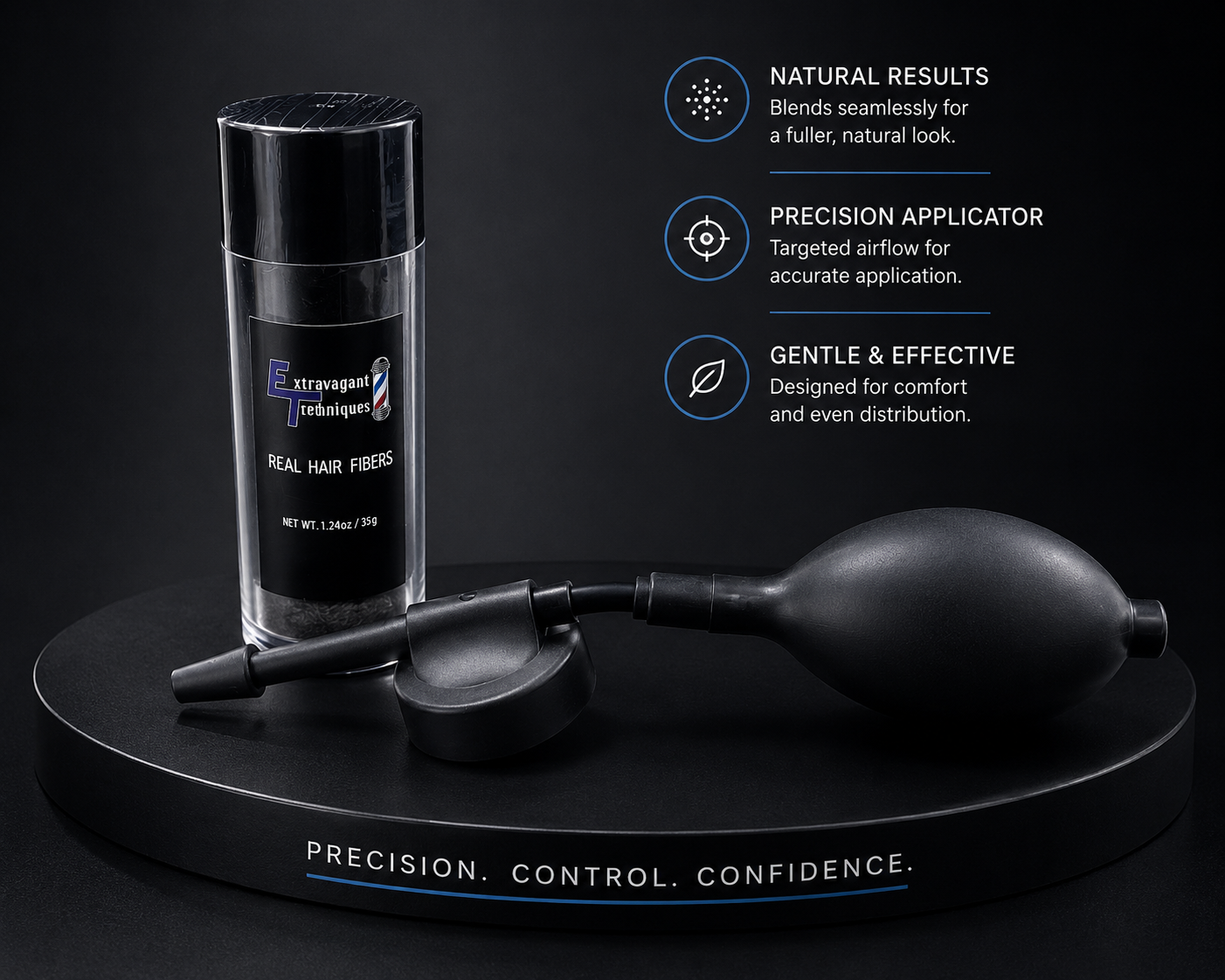 Real Hair Fiber System Combo = Real hair fibers + pump applicator + 2-in-1 fiber hold spray + enhancement card